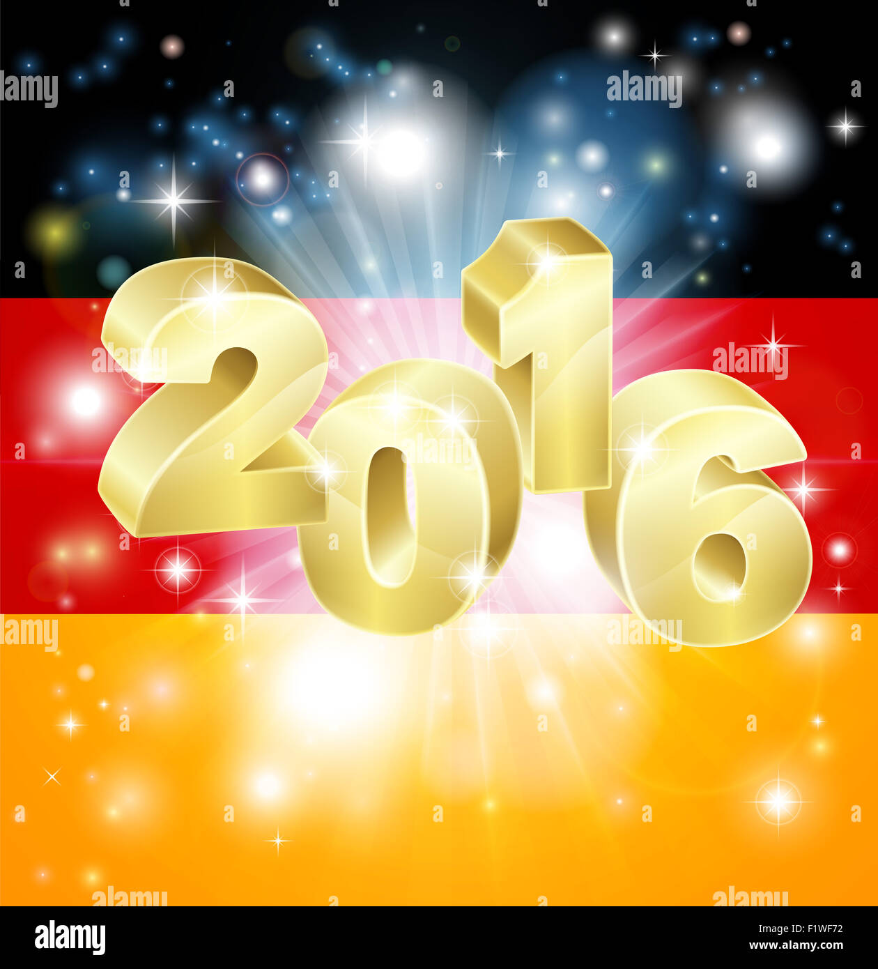 Eine deutsche Fahne mit 2016 kommt es mit Feuerwerk. Konzept für Silvester oder etwas Spannendes zu erleben in Deutschland in der y Stockfoto Eine deutsche Fahne mit 2016 kommt es mit Feuerwerk. Konzept für Silvester oder etwas Spannendes zu erleben in Deutschland in der y Stockfoto