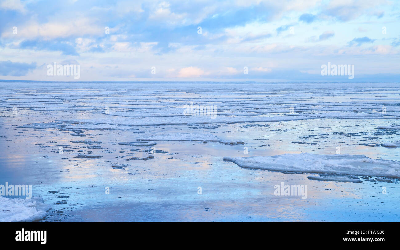 Winter Küsten Seestück mit schwimmenden Eis Fragmente auf noch kaltes Wasser. Ostsee, Golf von Finnland, Russland Stockfoto