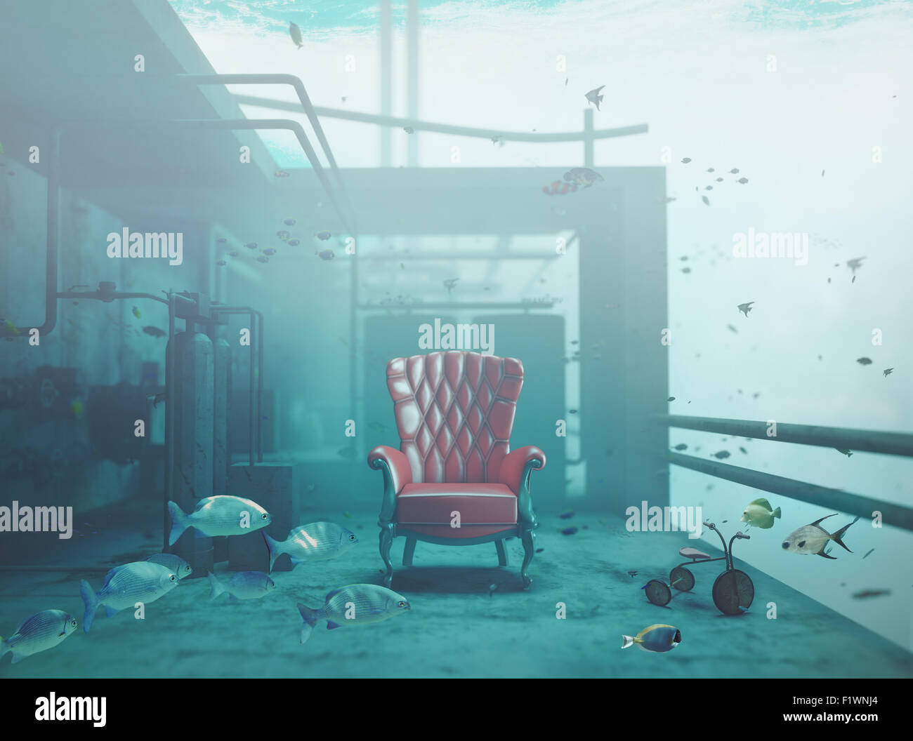 rote Luxus Sessel unter Wasser. CG und Foto seiner Konzept Stockfoto