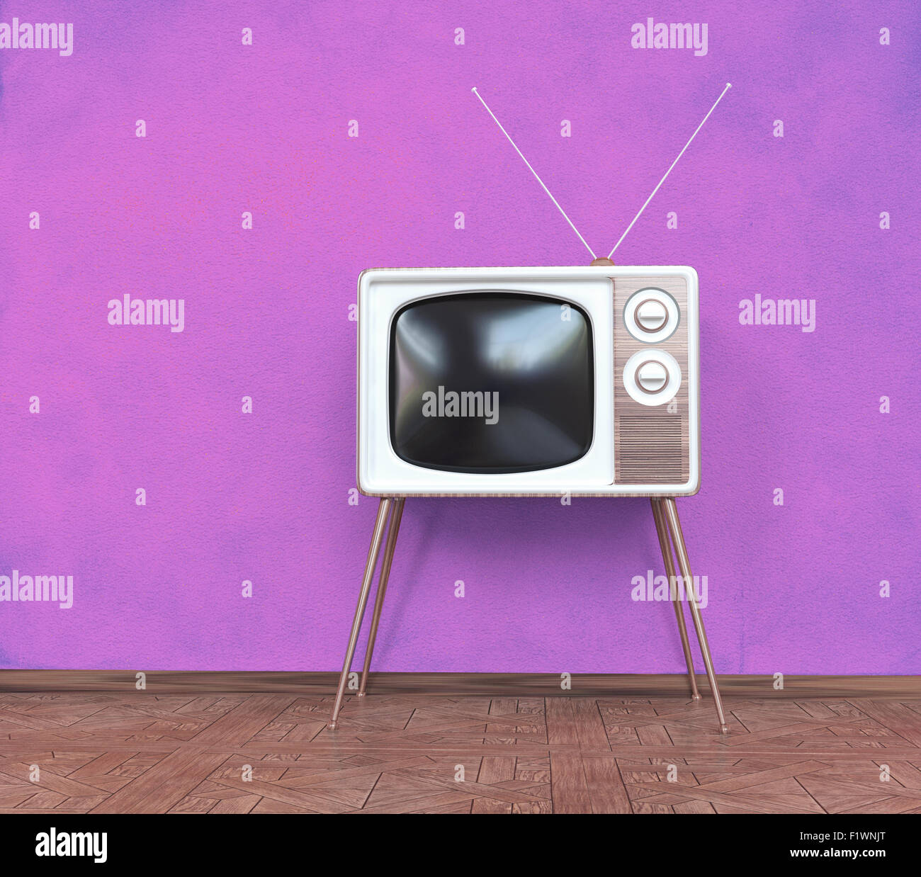 Vintage TV über rosa Hintergrund. 3D-Konzept Stockfoto