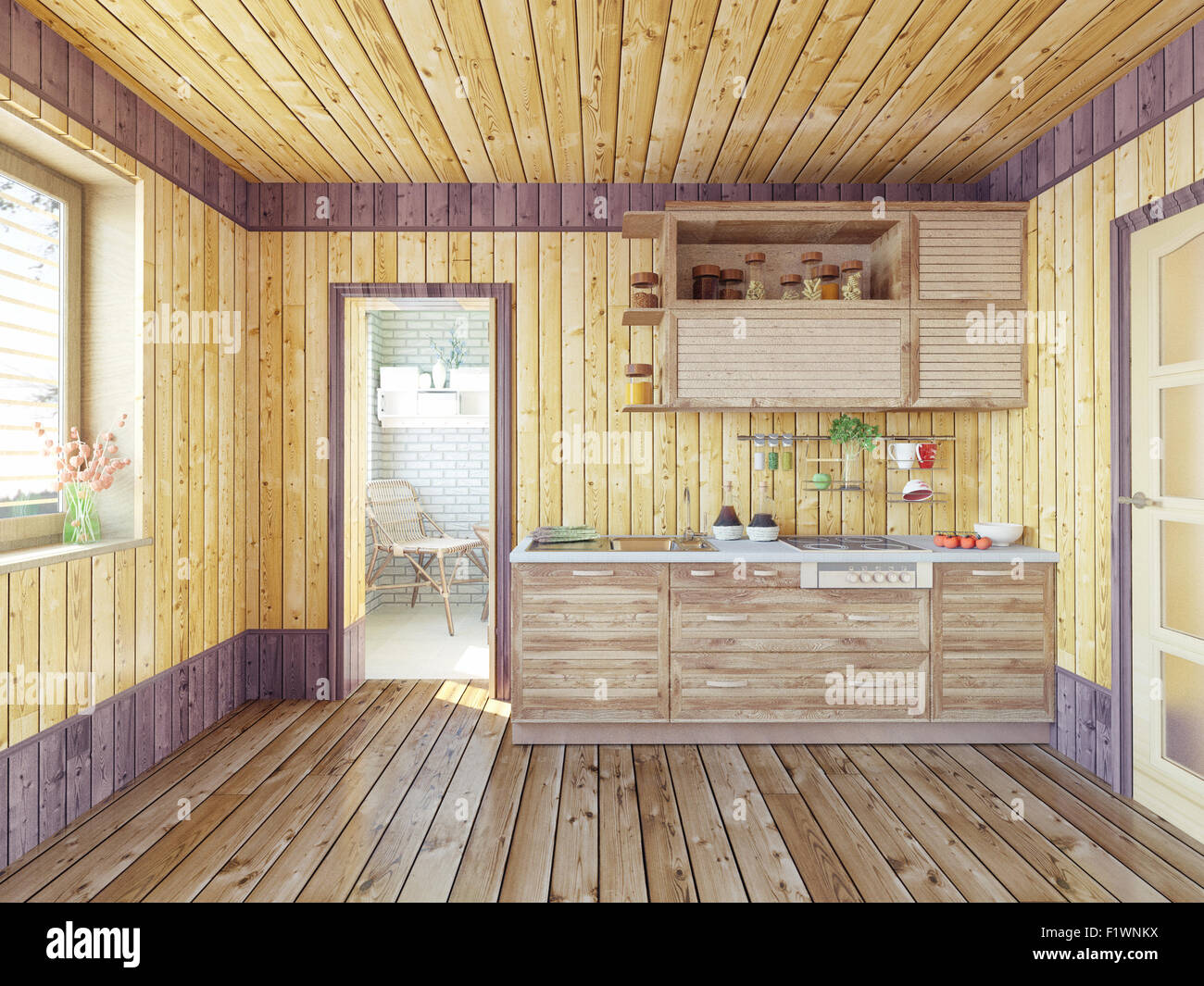 Küche im Landhaus. 3D Design-Konzept Stockfoto