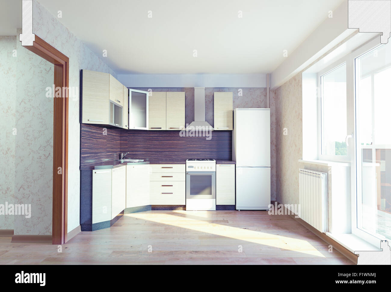 moderne Küche Interieur mit ausgeschnittenen Teil des Raumes. 3 Konzept Stockfoto