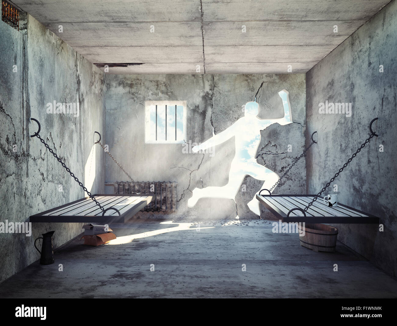 Flucht aus einer Gefängniszelle. 3D-Konzept Stockfoto