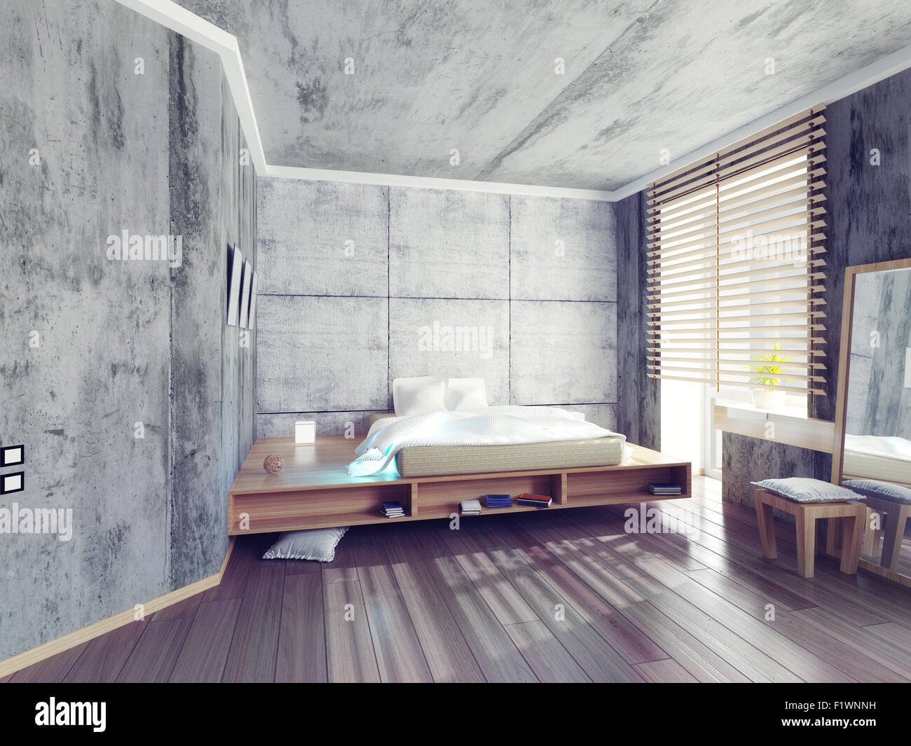 moderne Design-Schlafzimmer mit Betonwänden. 3D-Konzept Stockfoto