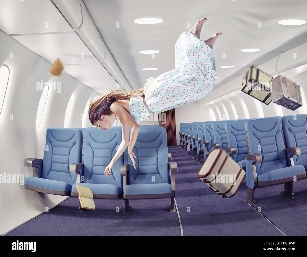 Mädchen in einem Flugzeug fliegen. Kreativkonzept Stockfoto