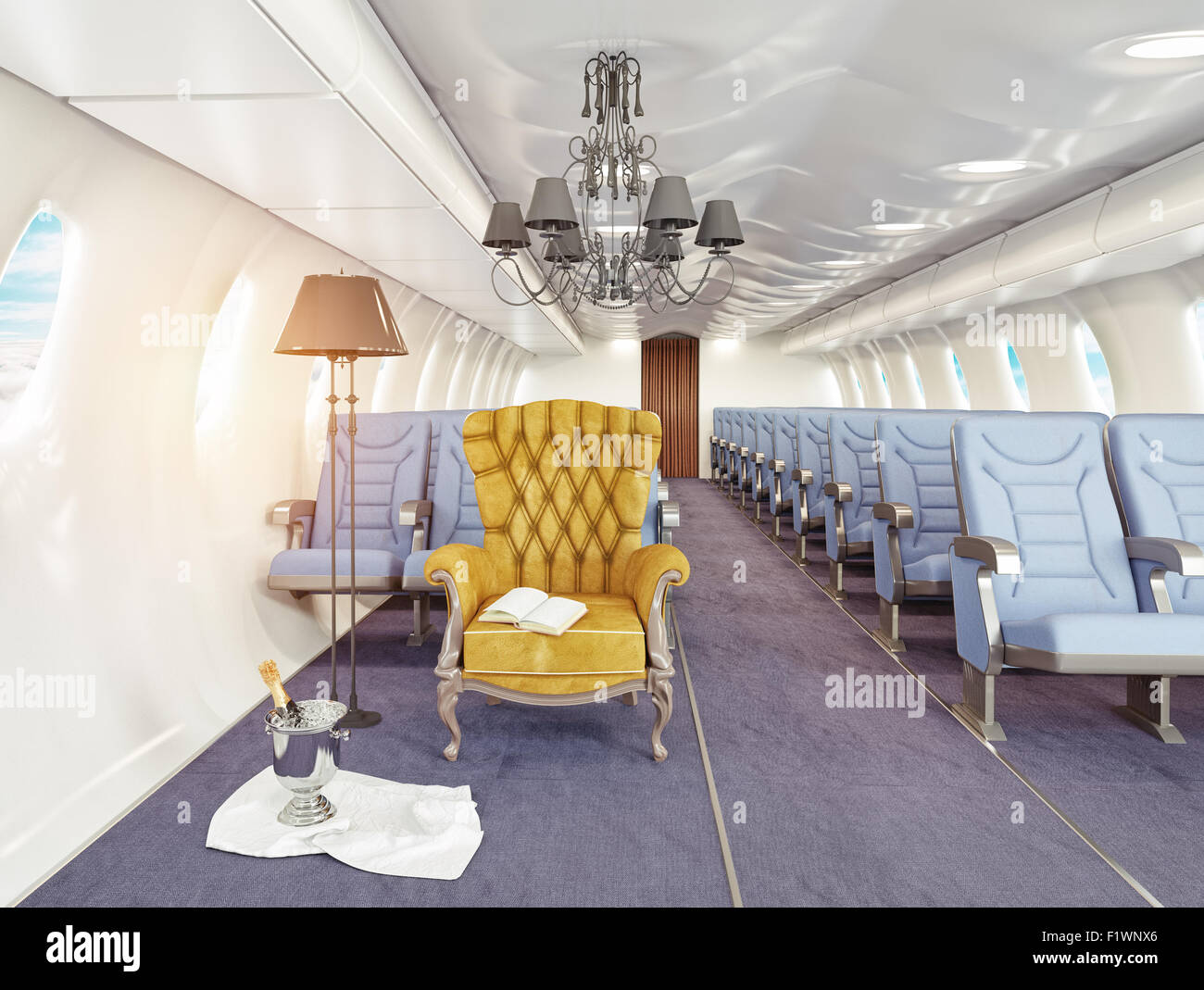 Luxus Sessel in der Flugzeugkabine. 3D-Konzept Kreativität Stockfoto