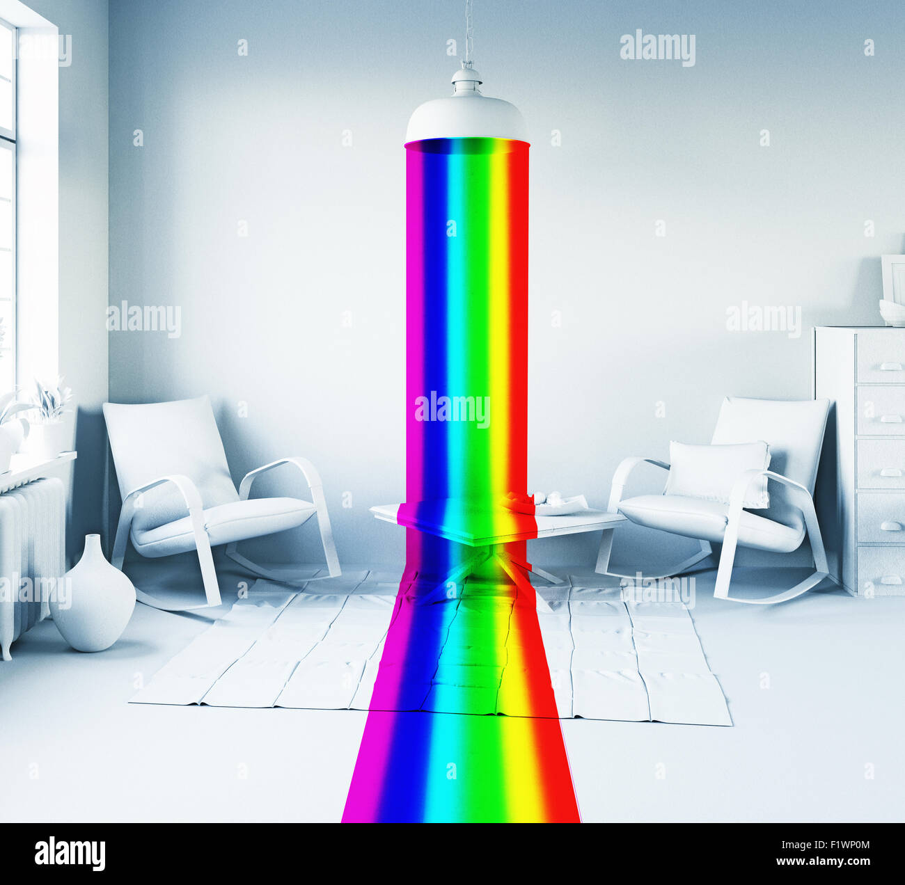 Regenbogen Farbe Licht von der Lampe in einem weißen inneren. Kunst-Stil 3d Konzept Stockfoto