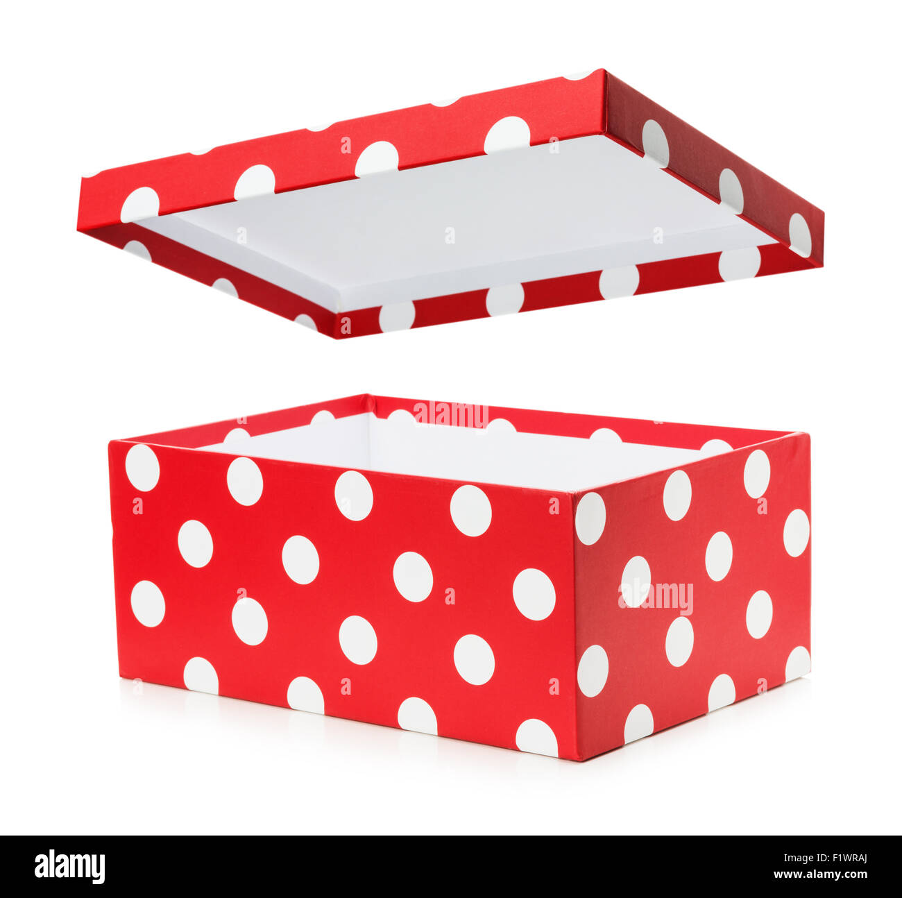 roten Geschenkbox mit weißen Tupfen. Stockfoto
