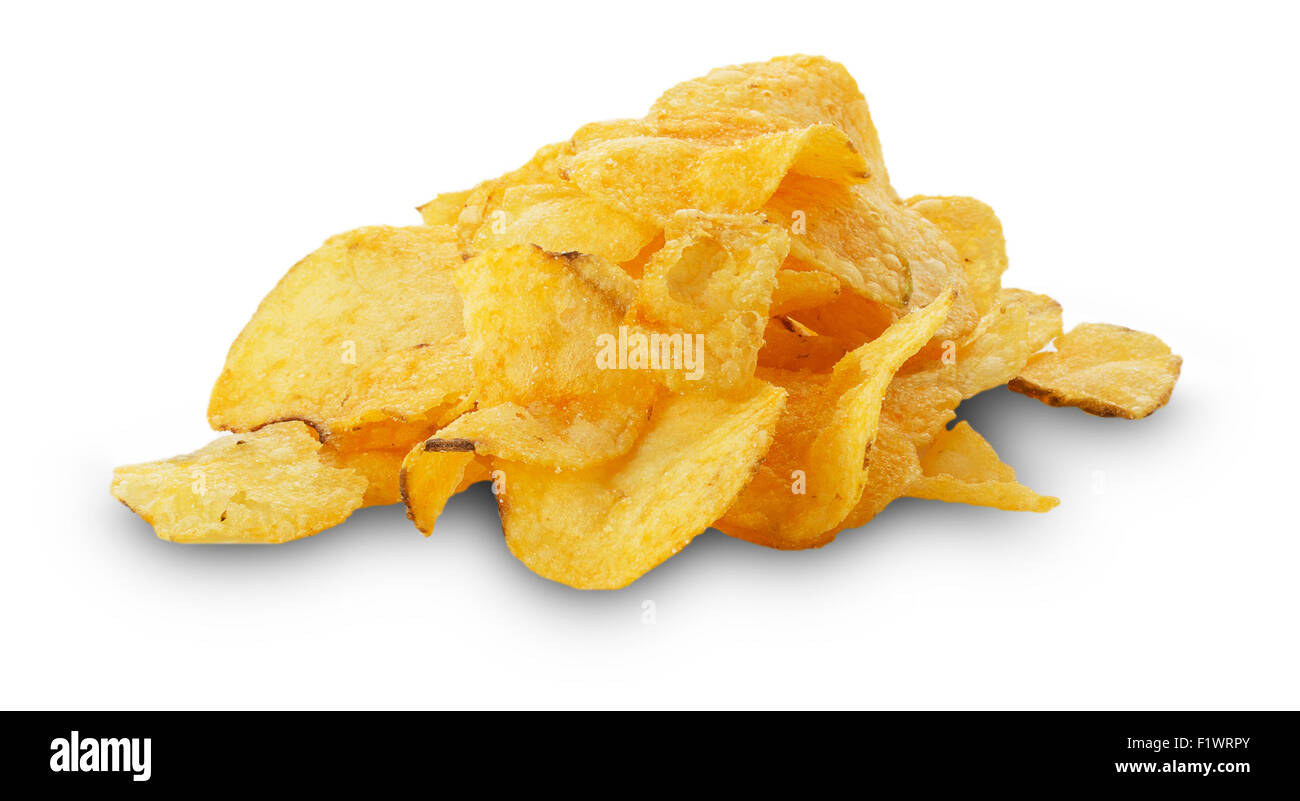 Kartoffel-Chips auf dem weißen Hintergrund isoliert. Stockfoto