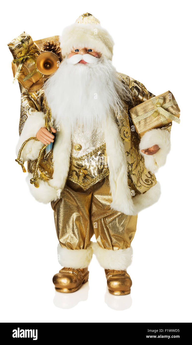 Goldene Weihnachtsmann Spielzeug auf dem weißen Hintergrund isoliert. Stockfoto