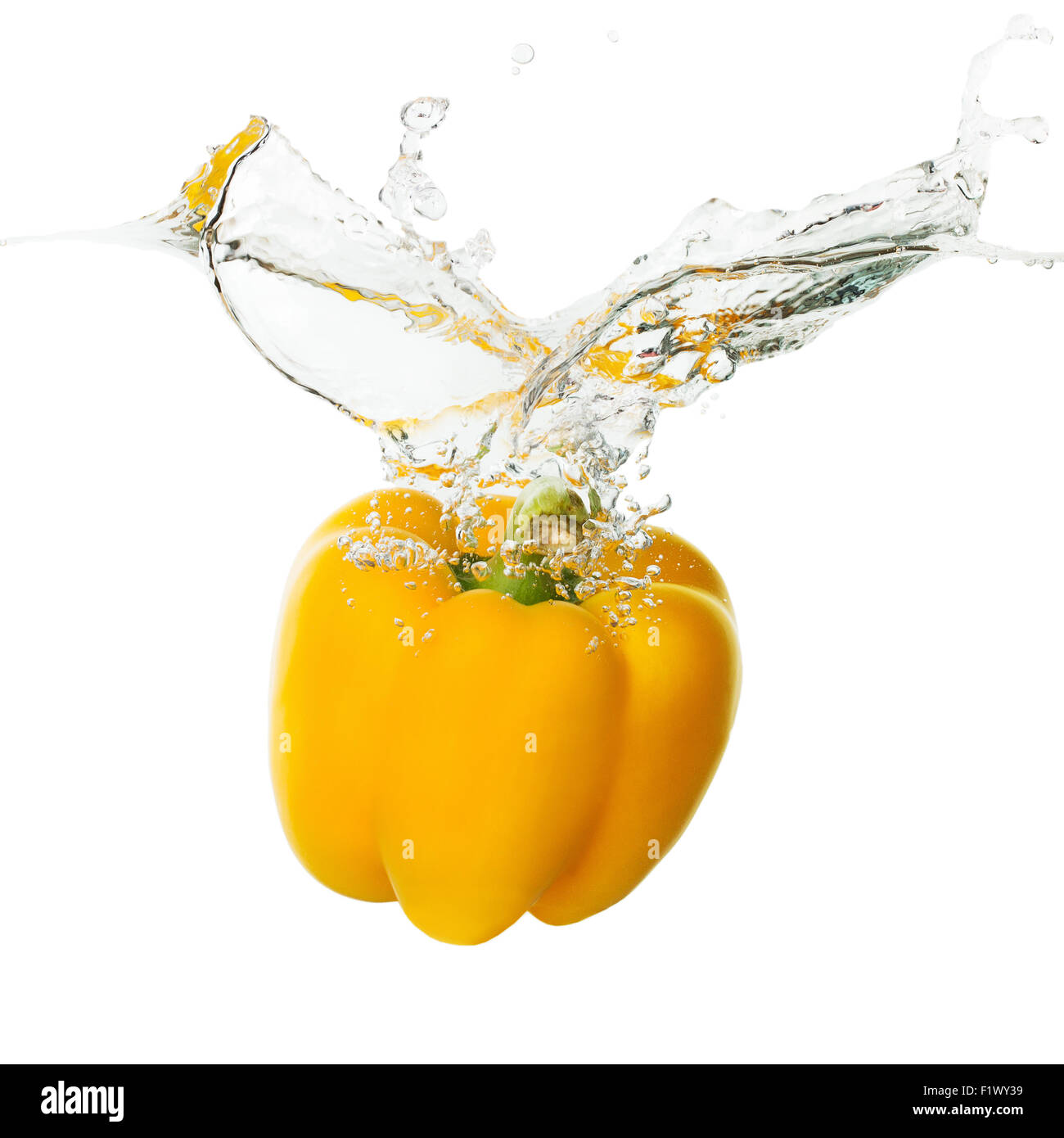 gelbe Paprika auf dem weißen Hintergrund ins Wasser fallen. Stockfoto