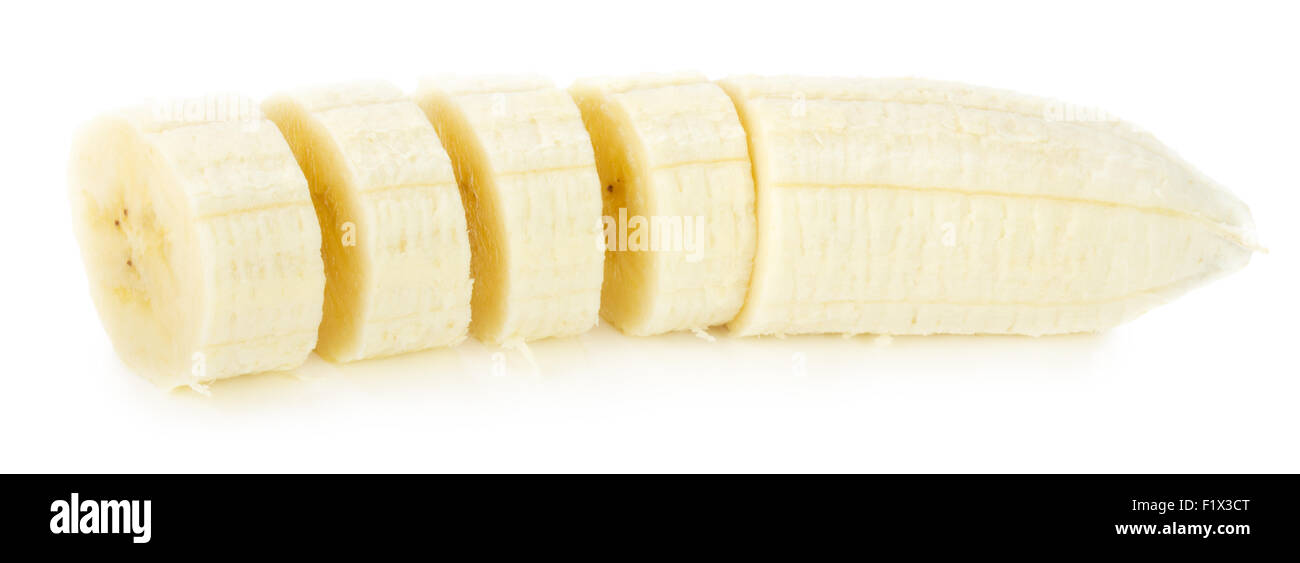Bananenscheiben isoliert auf einem weißen Hintergrund. Stockfoto