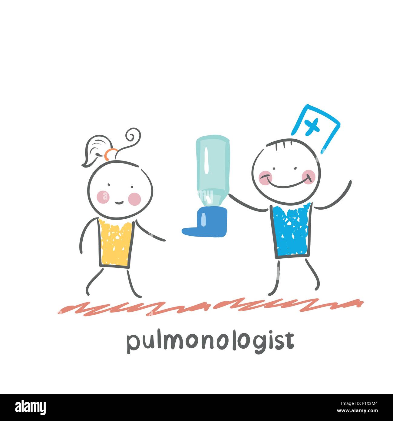 Pneumologen gibt Spray für Asthma-Patienten. Lustige Cartoon-Stil-Abbildung. Die Situation des Lebens. Stock Vektor