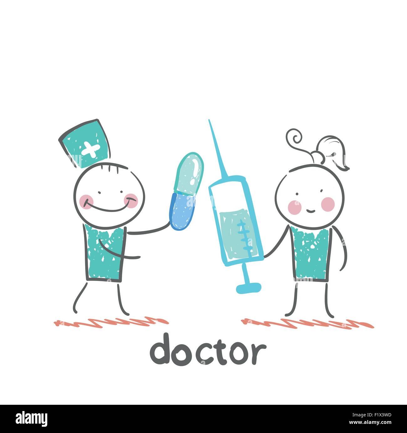 Arzt mit einer Pille und eine Krankenschwester mit einer Spritze Stock Vektor