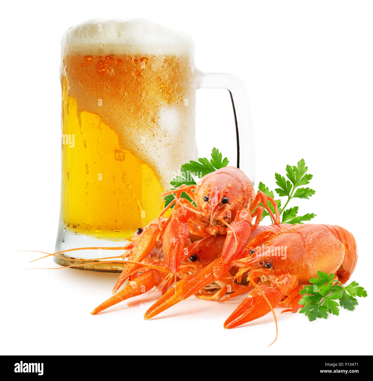 Becher mit Bier und roten Hummer isoliert auf einem weißen Hintergrund. Stockfoto