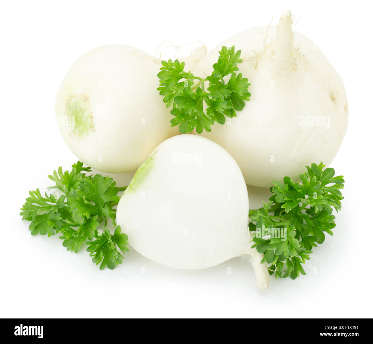 weißer Rettich mit Petersilie isoliert auf einem weißen Hintergrund. Stockfoto