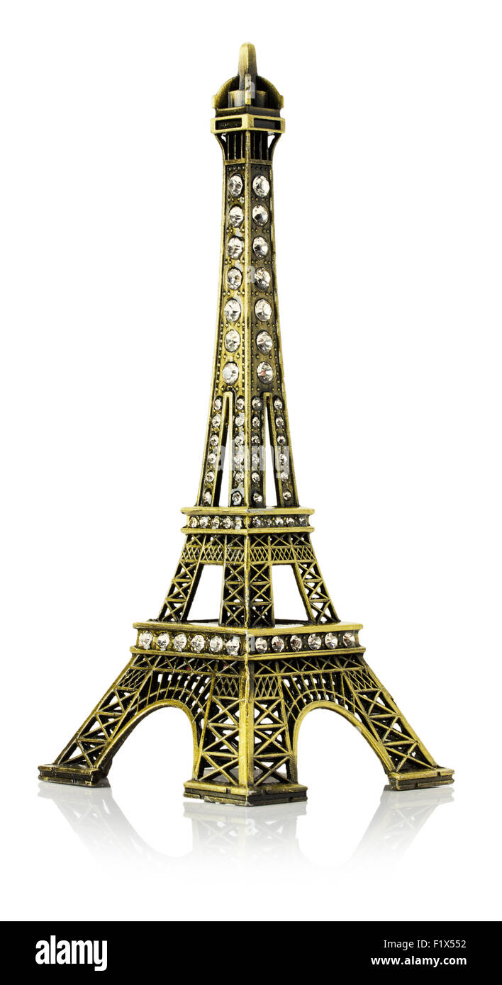 Miniatur des Eiffelturms auf dem weißen Hintergrund isoliert. Stockfoto