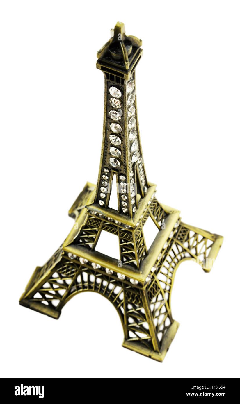 Miniatur des Eiffelturms auf dem weißen Hintergrund isoliert. Stockfoto