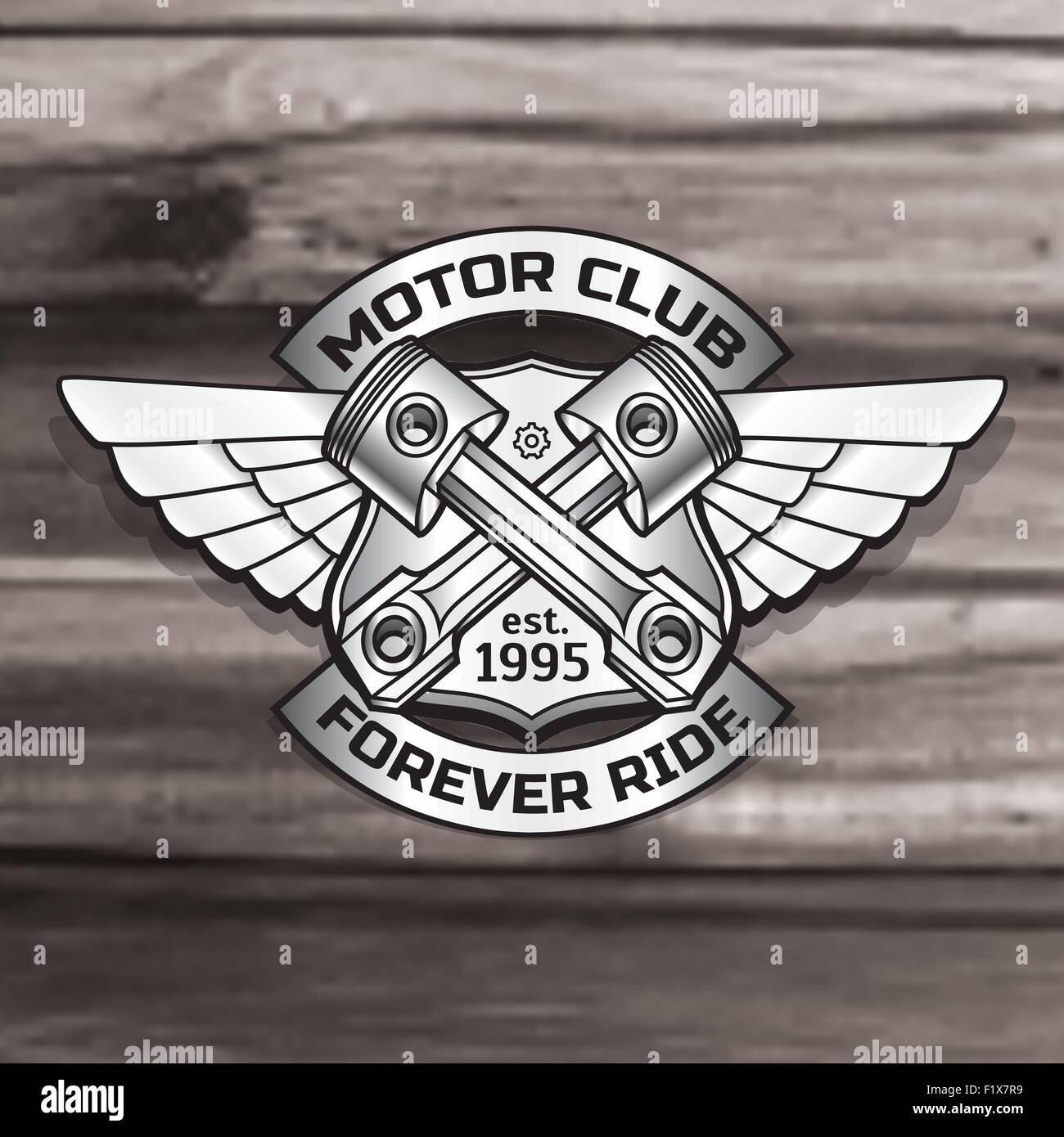 Biker-Logo Vektorgrafik. Motor Club Kolben Vintage Stahl Etiketten. Racer-Abzeichen Stock Vektor