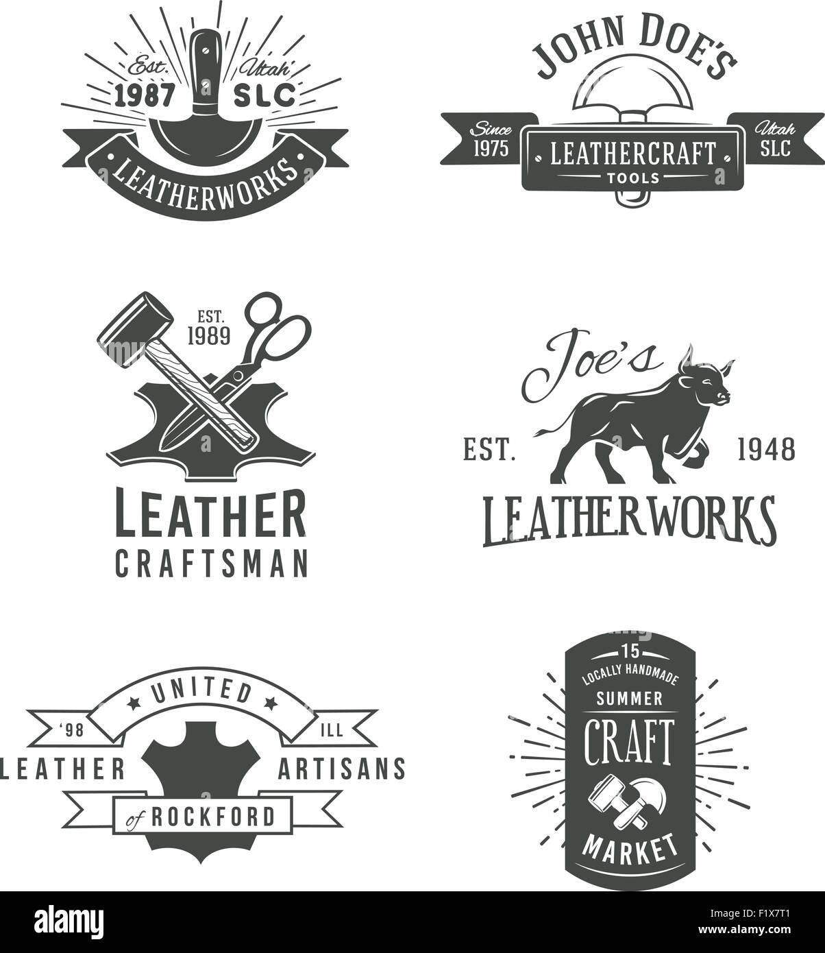 Erster Satz von grauen Vektor Vintage Handwerk Logo-Designs, Retro-Echtleder Werkzeugbeschriftungen. Handwerker Markt Insignien Abbildung Stock Vektor