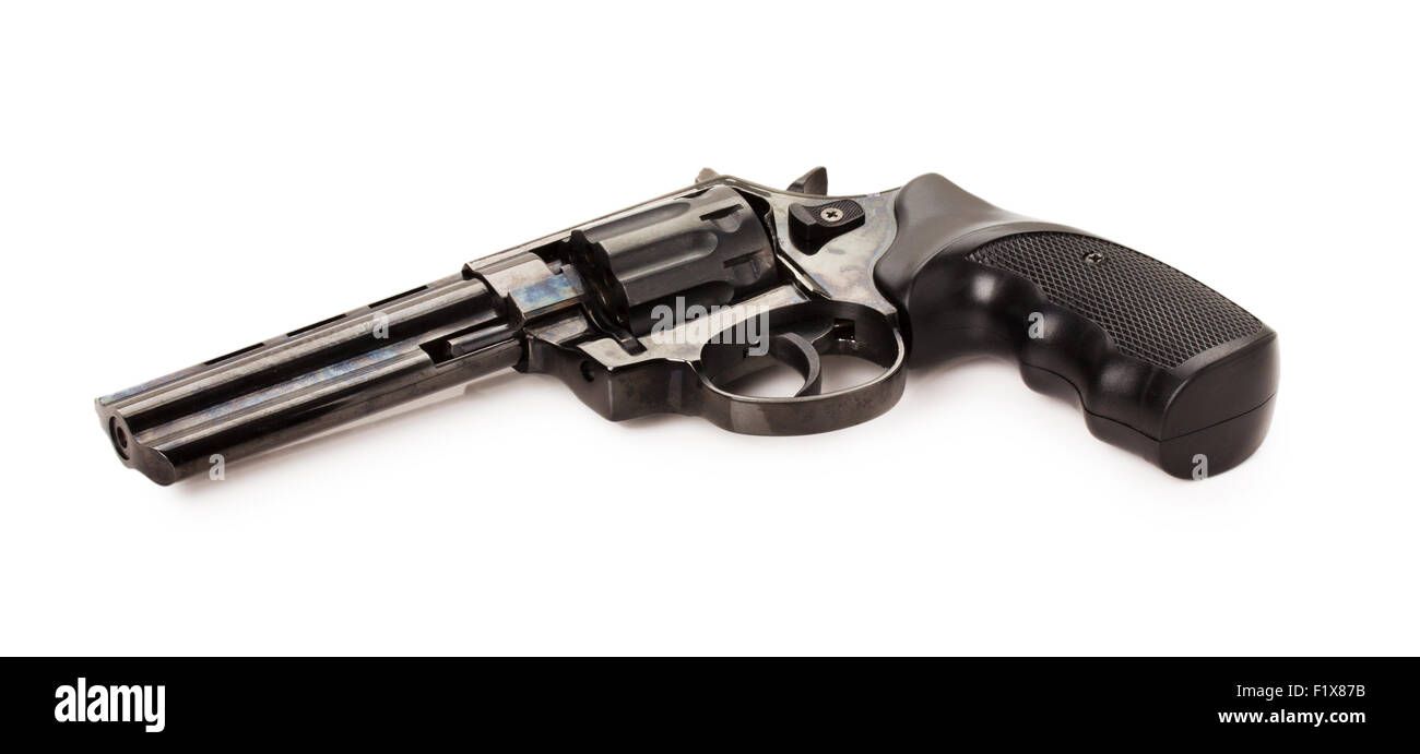 schwarzen Revolver auf dem weißen Hintergrund. Stockfoto