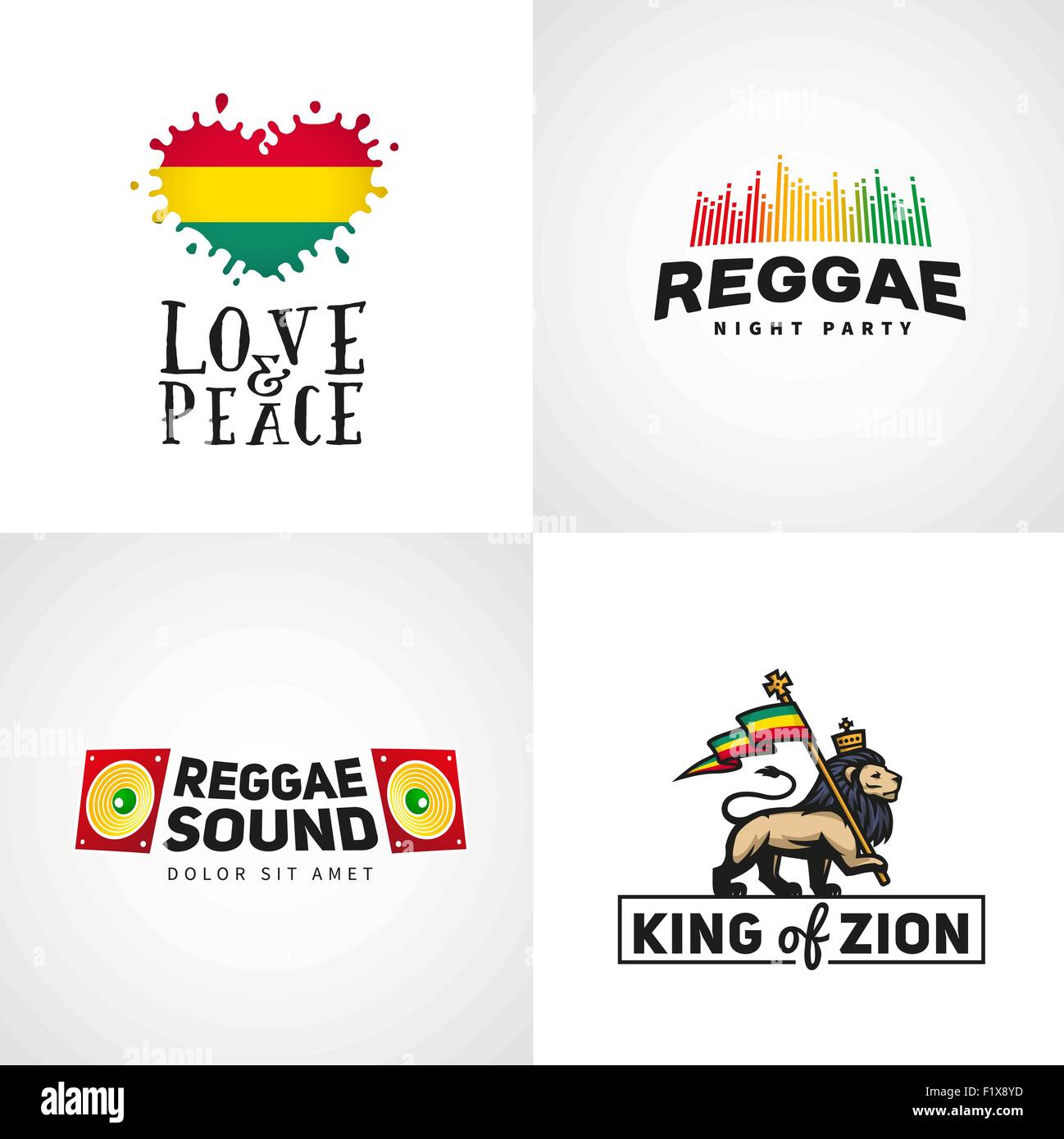Satz von Reggae-Musik-Vektor-Design. Liebe und des Friedens Konzept. Juda Löwe mit einem Rastafari-Flagge. König Zion Logo Abbildung. Stock Vektor Satz von Reggae-Musik-Vektor-Design. Liebe und des Friedens Konzept. Juda Löwe mit einem Rastafari-Flagge. König Zion Logo Abbildung. Stock Vektor