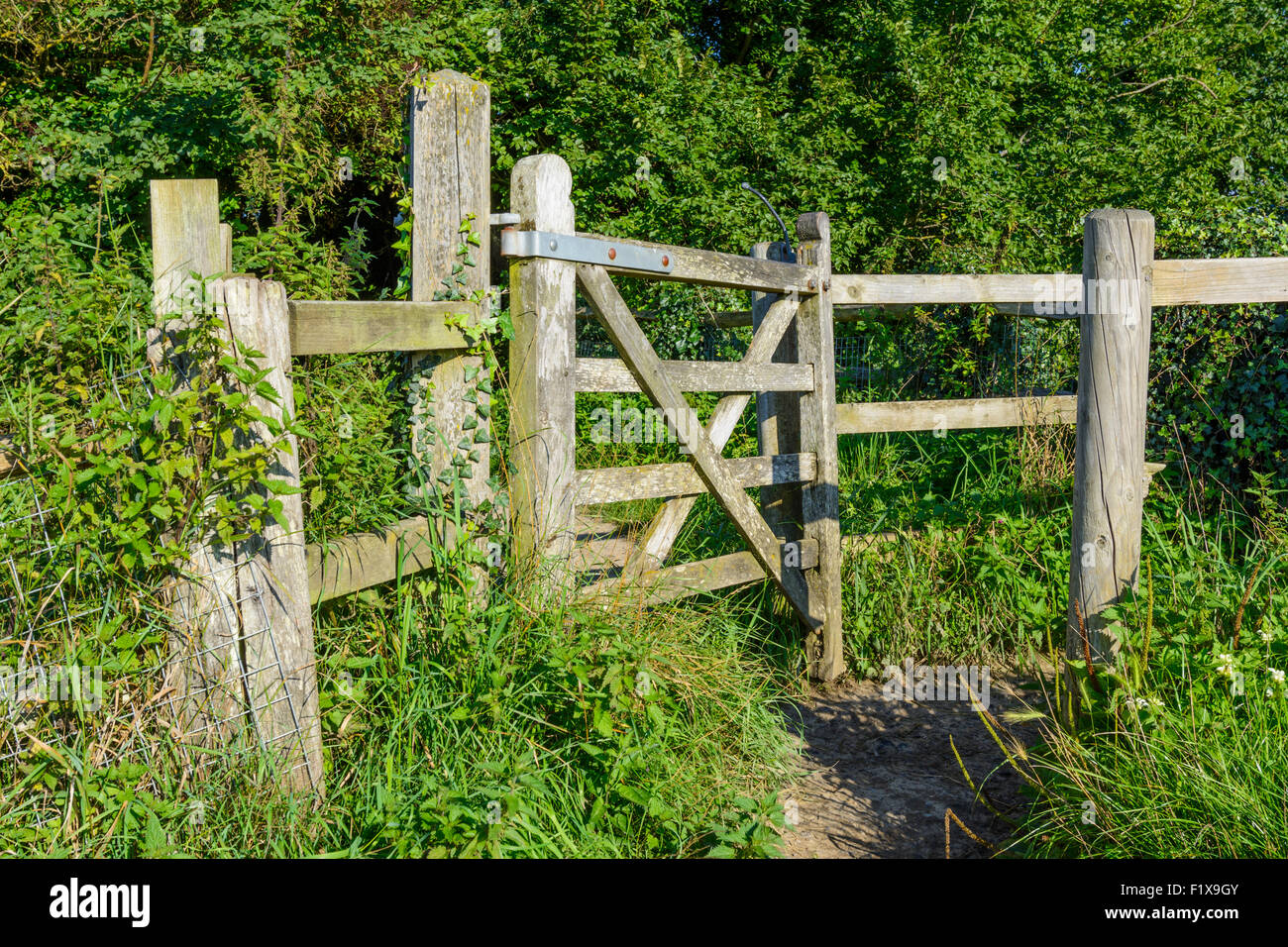 Küssende Holztor auf einen öffentlichen Fußweg in Arundel, West Sussex, England, UK. Stockfoto