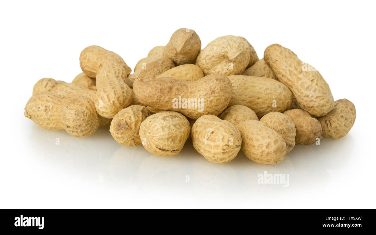 Erdnüsse auf weißem Hintergrund. Stockfoto