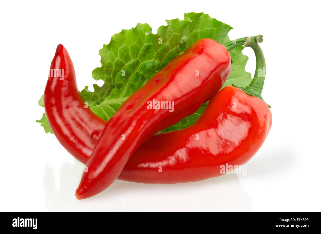 zwei rote Paprika mit Salat auf weißem Hintergrund. Stockfoto