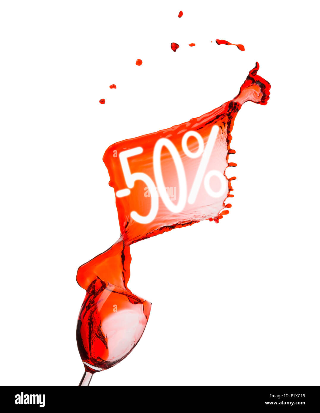 Rotwein-Splash. 50 Prozent Rabatt Sale. Isoliert auf weißem Hintergrund. Stockfoto