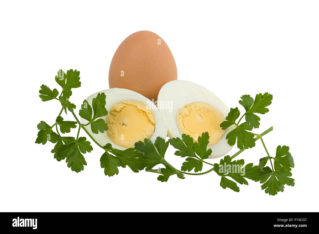 Schale, gekochtes Ei, isoliert auf weißem Hintergrund. Stockfoto