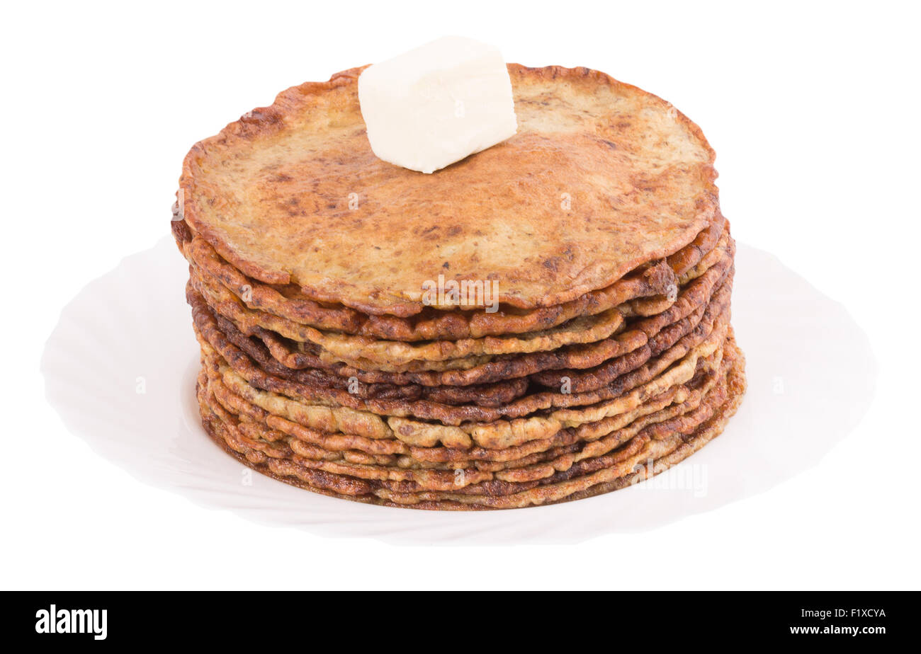 chocolate Chip Pancakes auf einem weißen. Stockfoto