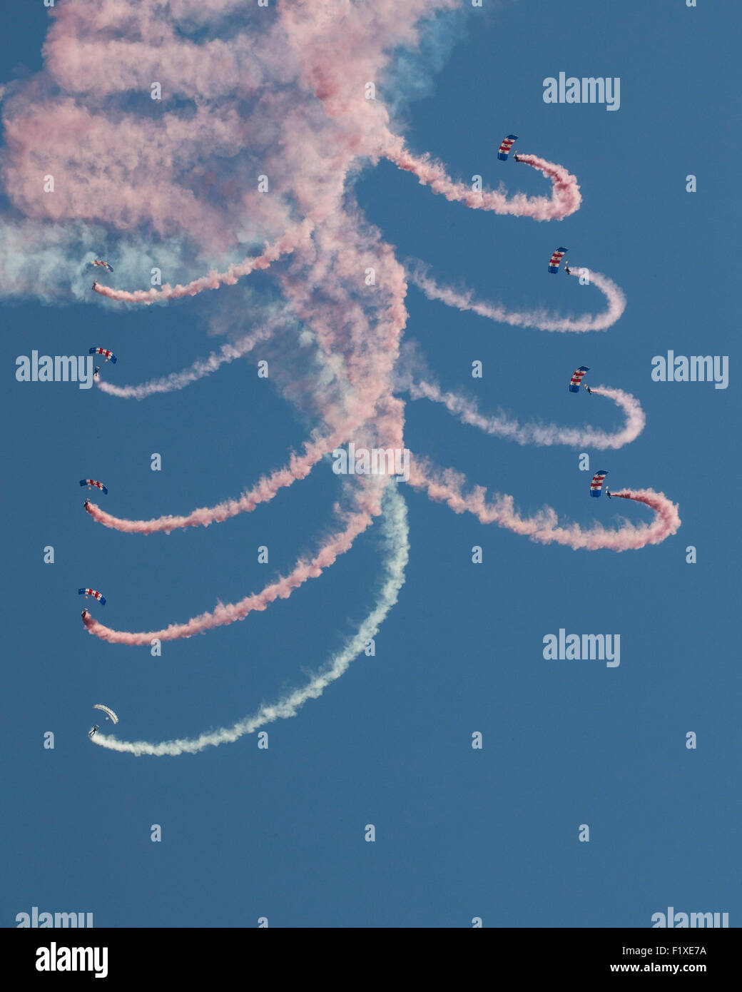Die Royal Air Force Falcons Fallschirm Display Team auf der Airshow 2015 Shoreham Stockfoto