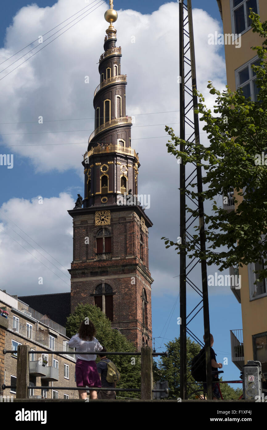 Turm der Kirche unseres Erlösers in Kopenhagen, Dänemark Stockfoto