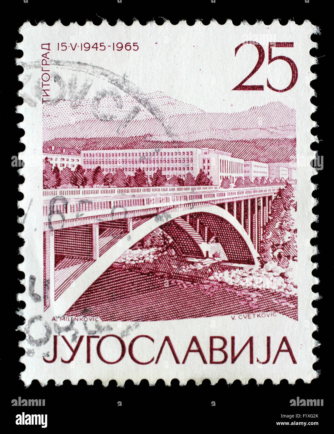 Briefmarke gedruckt von Jugoslawien zeigt Titograd(Podgorica), der 20. Jahrestag der Befreiung Ausgabe, ca. 1965. Stockfoto