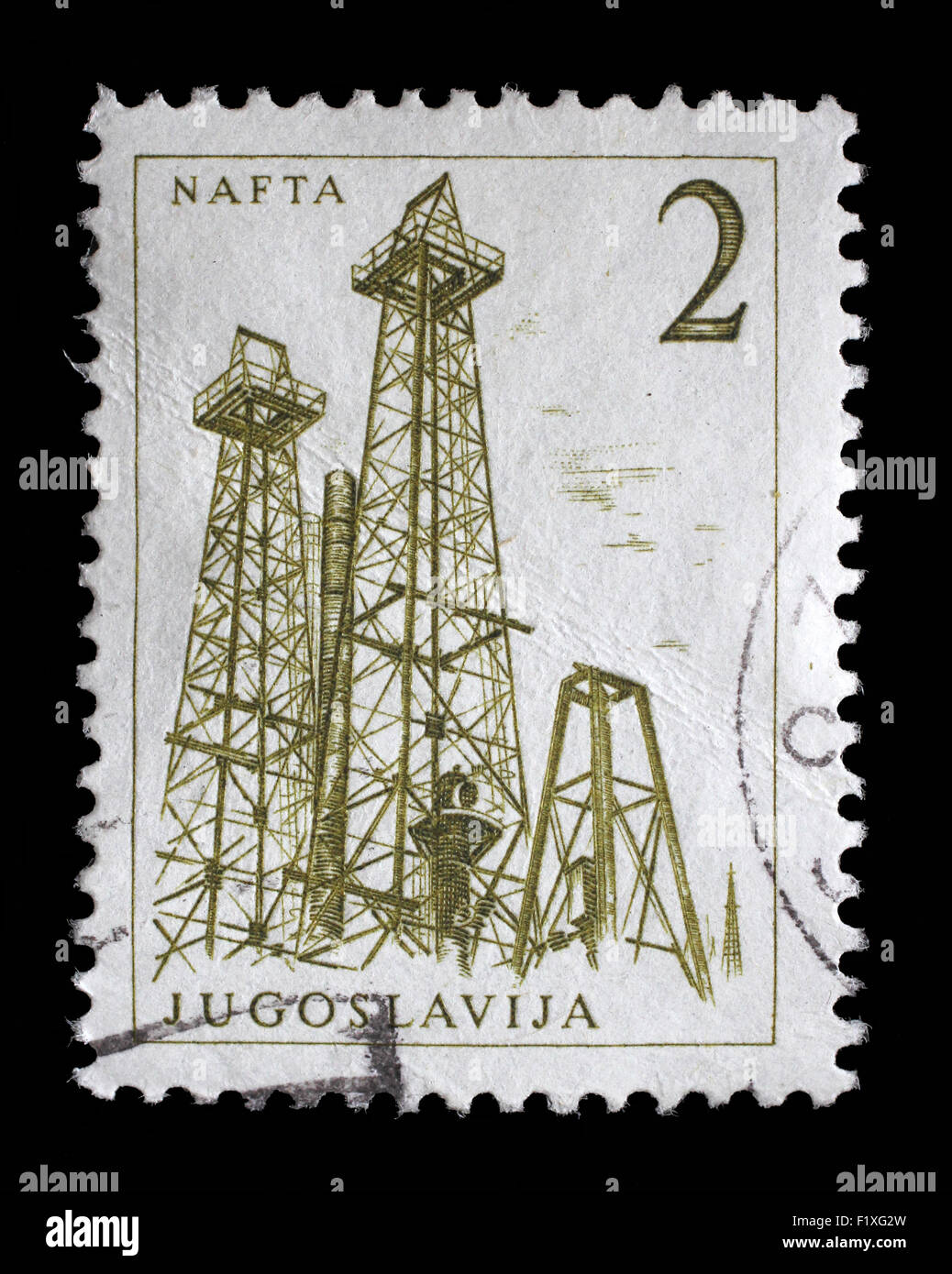 Briefmarke gedruckt in Jugoslawien zeigt eine Öl-Bohrtürme, Nafta, mit der gleichen Inschrift aus Serie "Industriellen Fortschritts" ca. 1958 Stockfoto