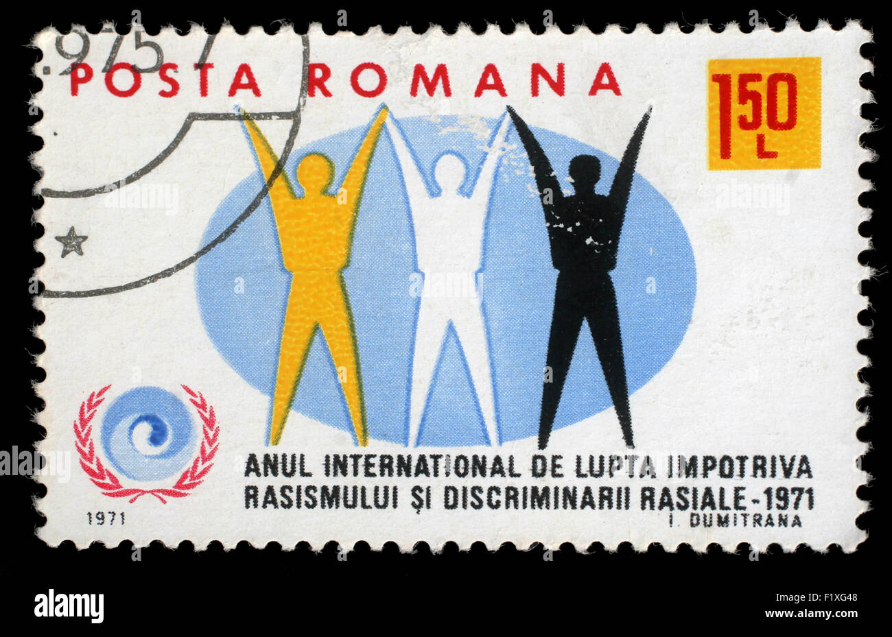 Briefmarke gedruckt in Rumänien zeigt internationalen Jahres gegen Rassismus, ca. 1971. Stockfoto