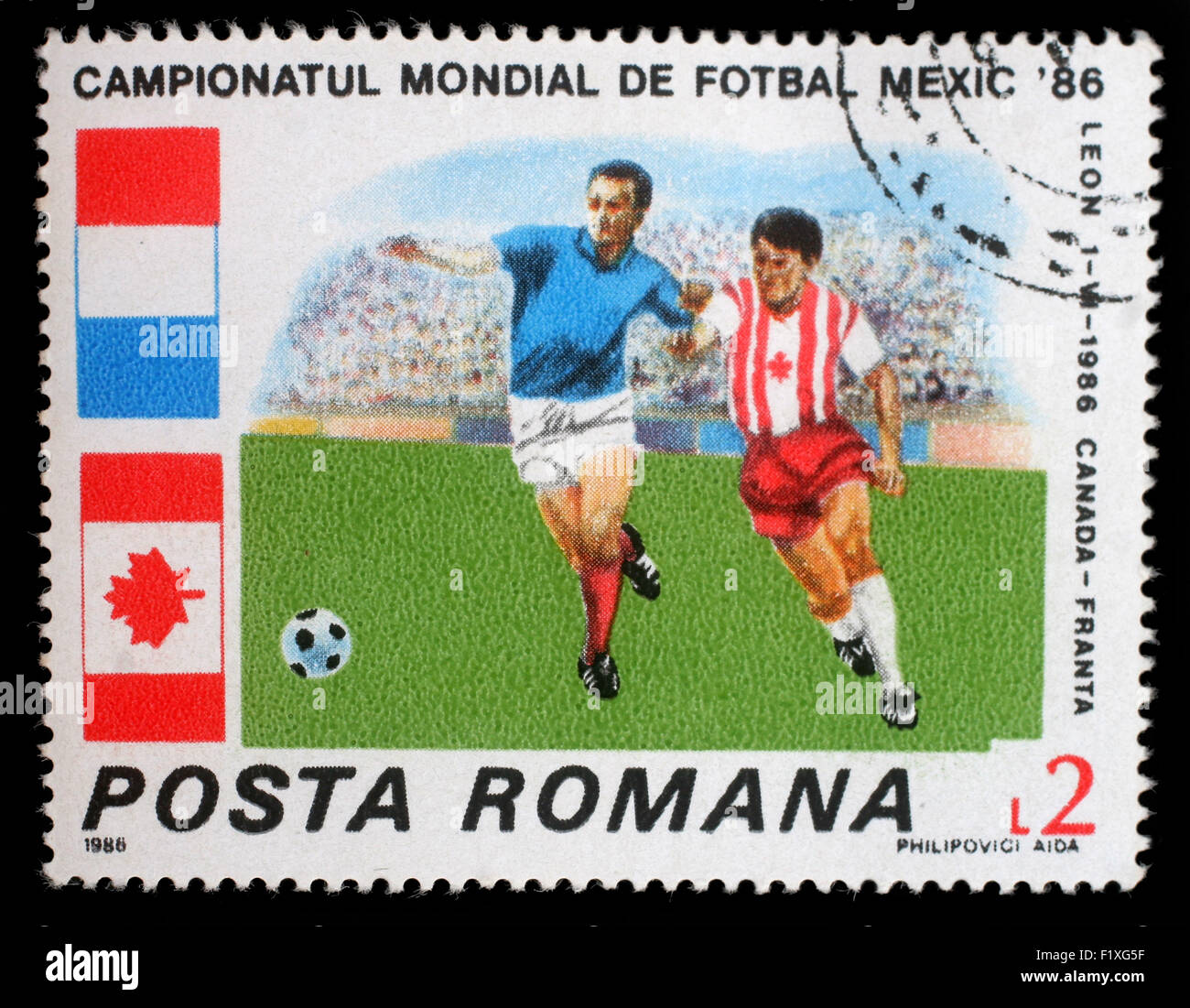Briefmarke gedruckt in Rumänien zeigt Fußball-WM, Mexiko, ca. 1986. Stockfoto