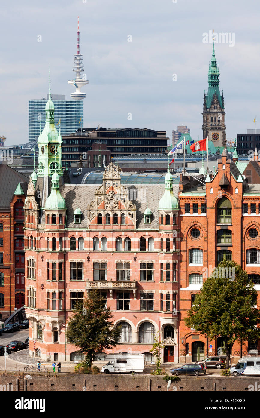 Erhöhte Ansicht der historischen HHLA zentrale Gebäude in der Speicherstadt Hamburg Stockfoto