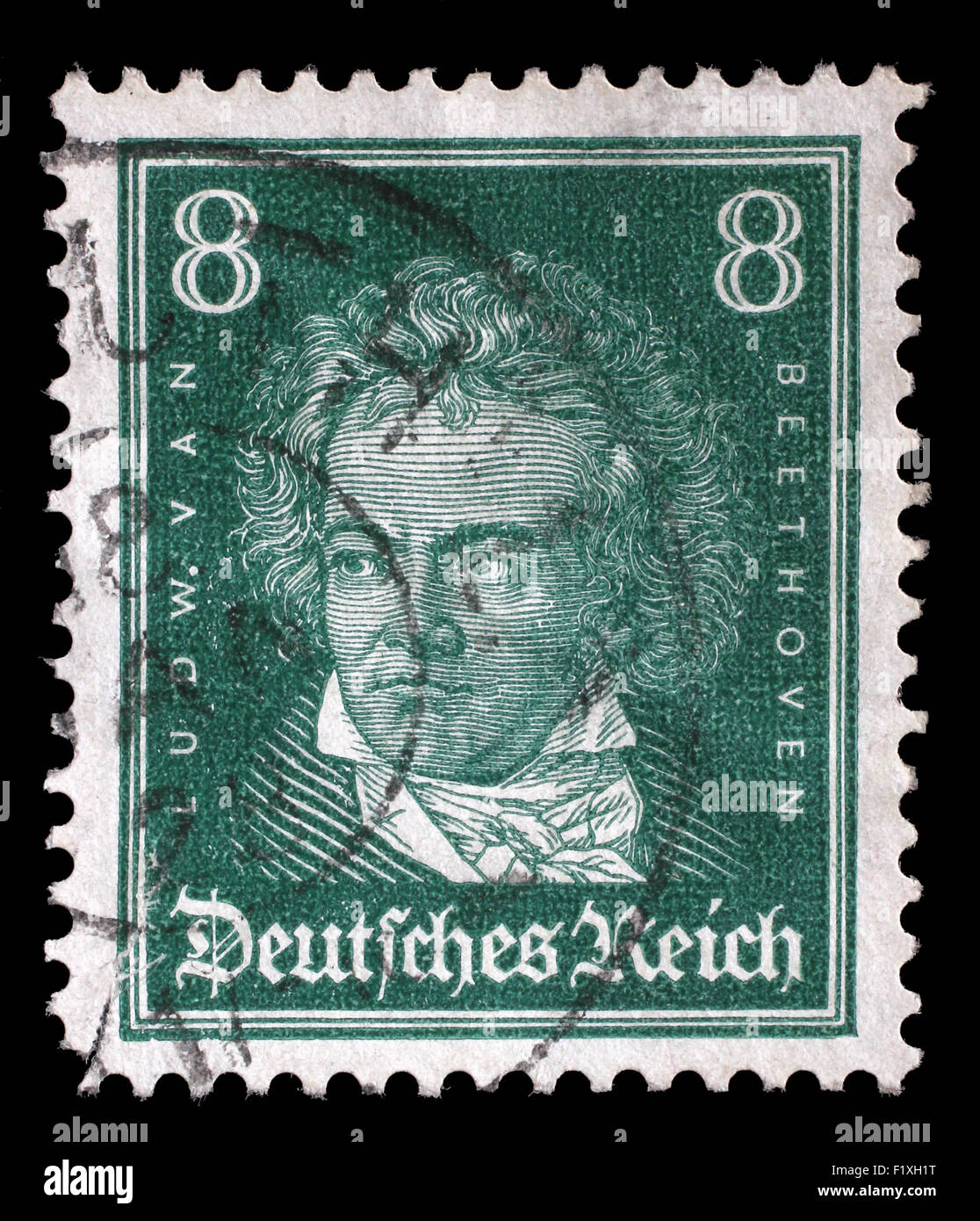 Gedruckt im Deutschen Reich Briefmarke zeigt Ludwig van Beethoven, deutscher Komponist und Pianist, ca. 1927. Stockfoto