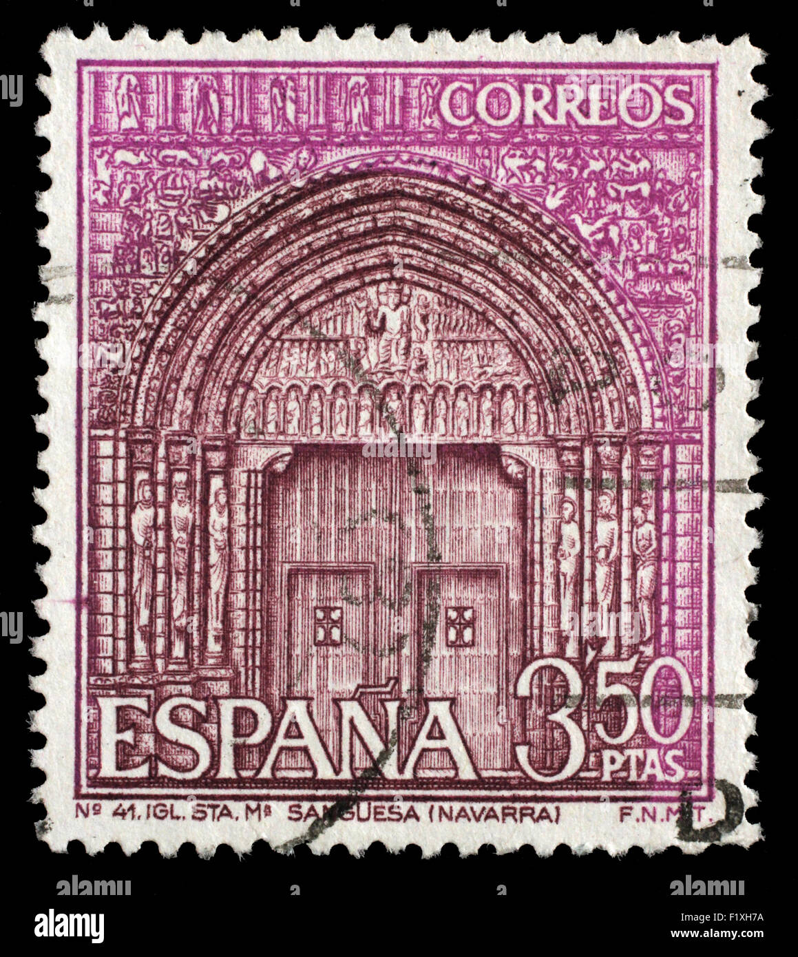 Gedruckt im spanischen Marke zeigt Portal von St. Mary's Kirche, Sanguesa, Navarra, Spanien, ca. 1968 Stockfoto