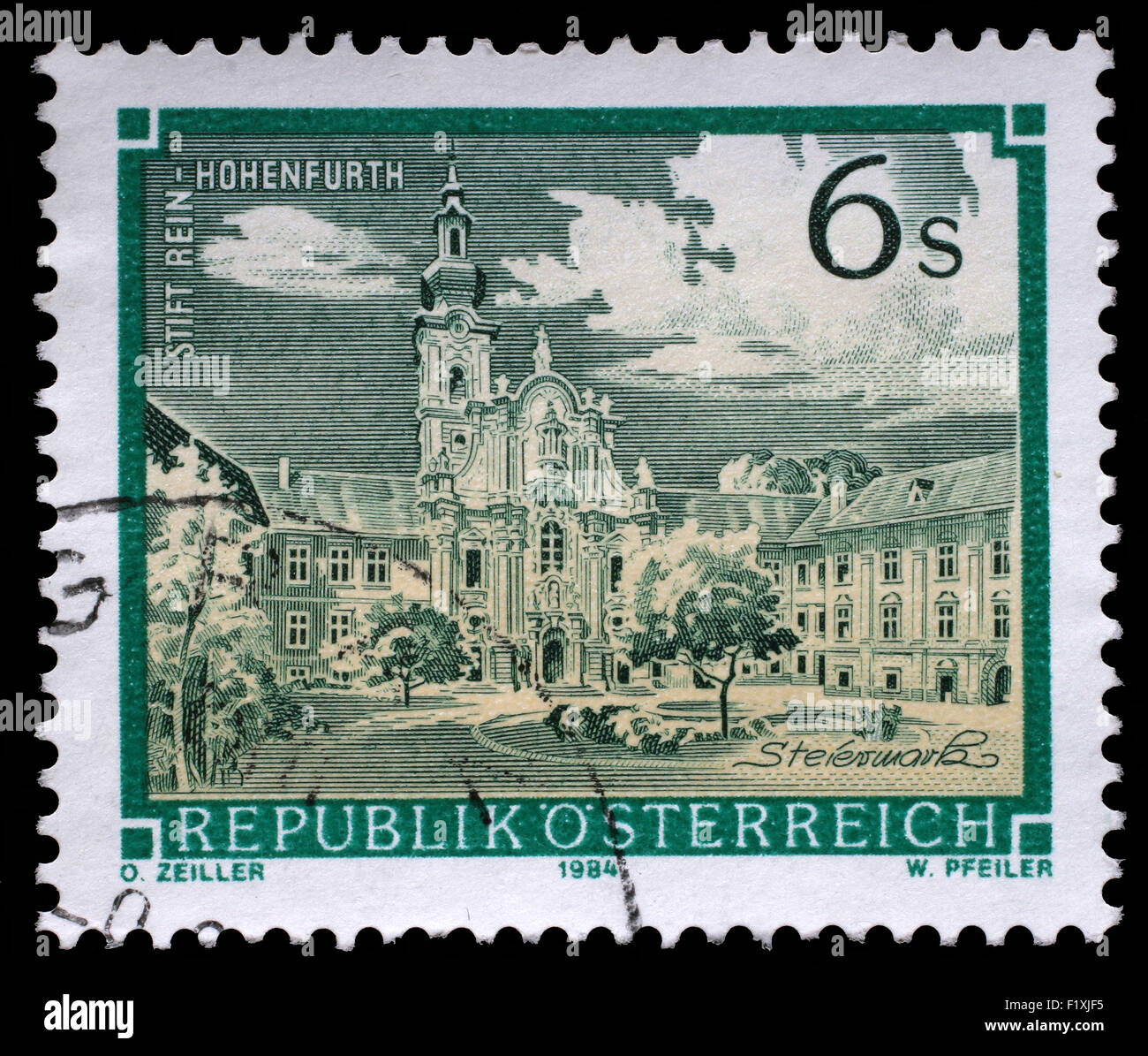 Briefmarke gedruckt in Österreich zeigt Rein Abtei, Zisterzienserkloster, Hohenfurth, Steiermark, ca. 1984 Stockfoto