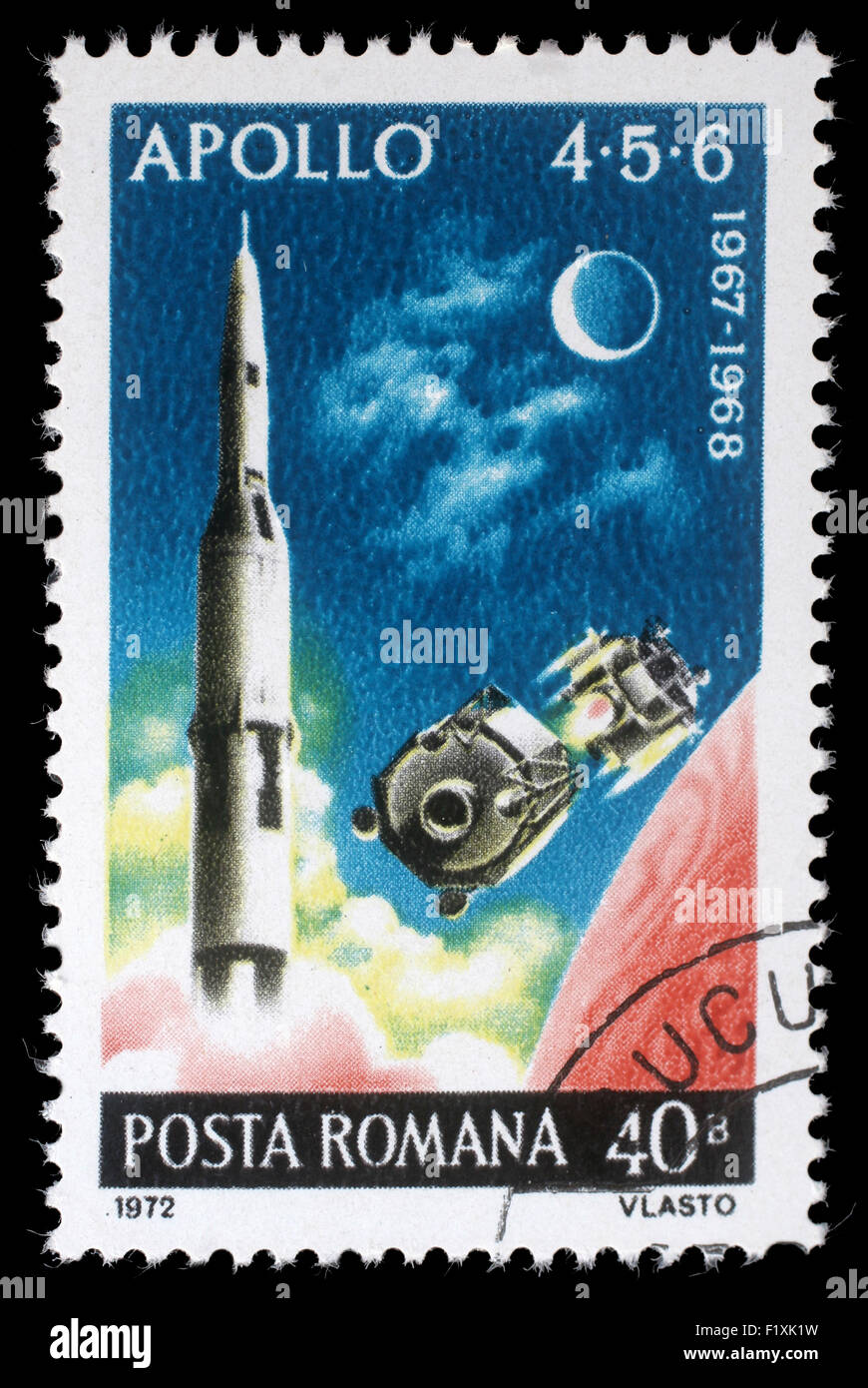 Briefmarke gedruckt in Rumänien zeigt Apollo 4, 5 und 6, Highlights von uns Apollo Space Program, ca. 1972 Stockfoto