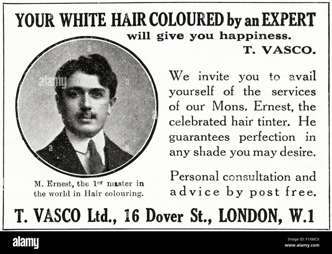 1920er Jahre Werbung. Anzeige datiert 1923 Werbung Haare färben von T. Vasco Ltd von Dover St London. Stockfoto