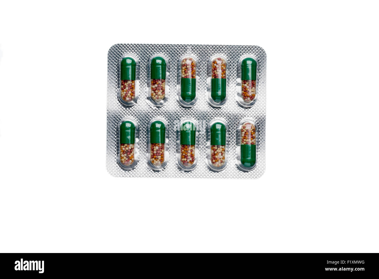 Blisterpackung grüne Kapseln mit Makro-Mikro-Granulat-view Stockfoto