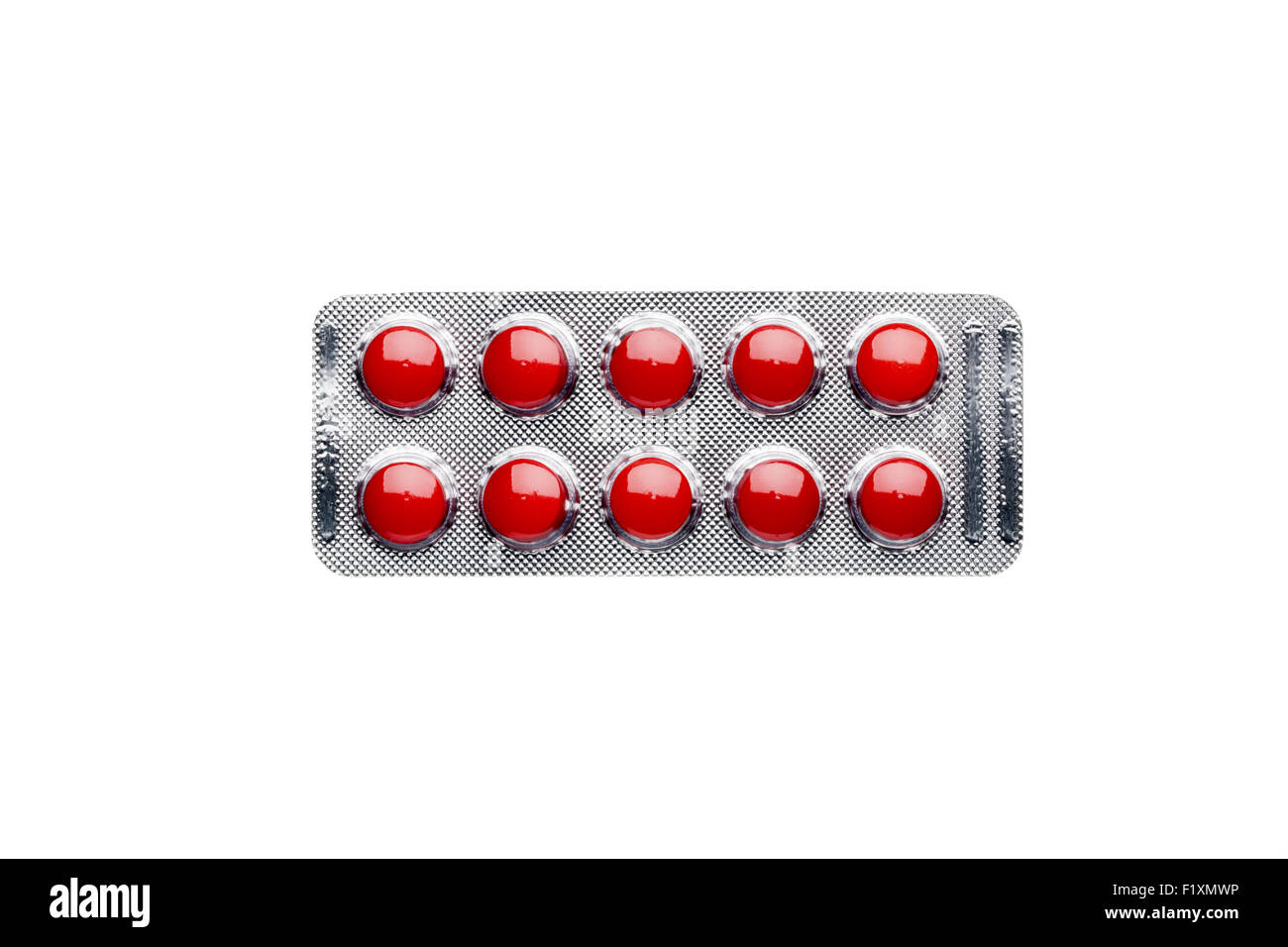 Roten Pillen im Blister Pack isoliert auf weißem Hintergrund Stockfoto
