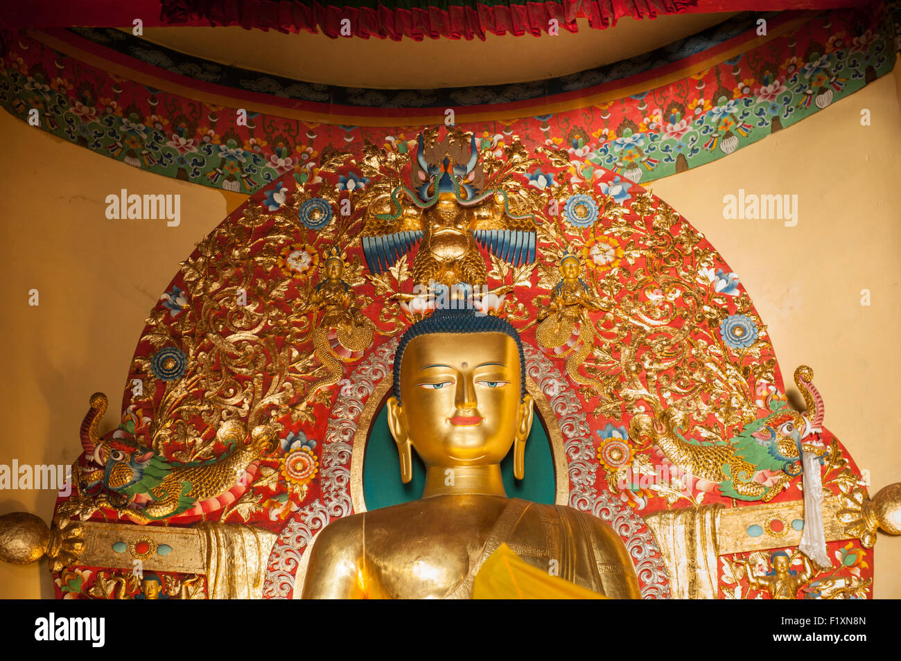Dharamsala Himachal Pradesh, Indien. Goldene Buddha-Statue. Buddhistische Tempel Norbulingka. Stockfoto