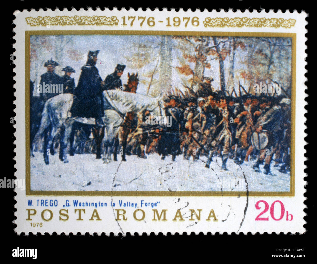 Briefmarke gedruckt im Rumänien zeigt Washington an Walley-Schmiede, Gemälde von William B. T. Trego, American Bicentennial, ca. 1976 Stockfoto