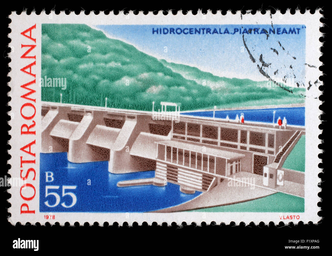 Briefmarke gedruckt in Rumänien zeigt Piatra Neamt, Wasserbauarbeiten Stationen und Dämme Ausgabe, ca. 1978. Stockfoto