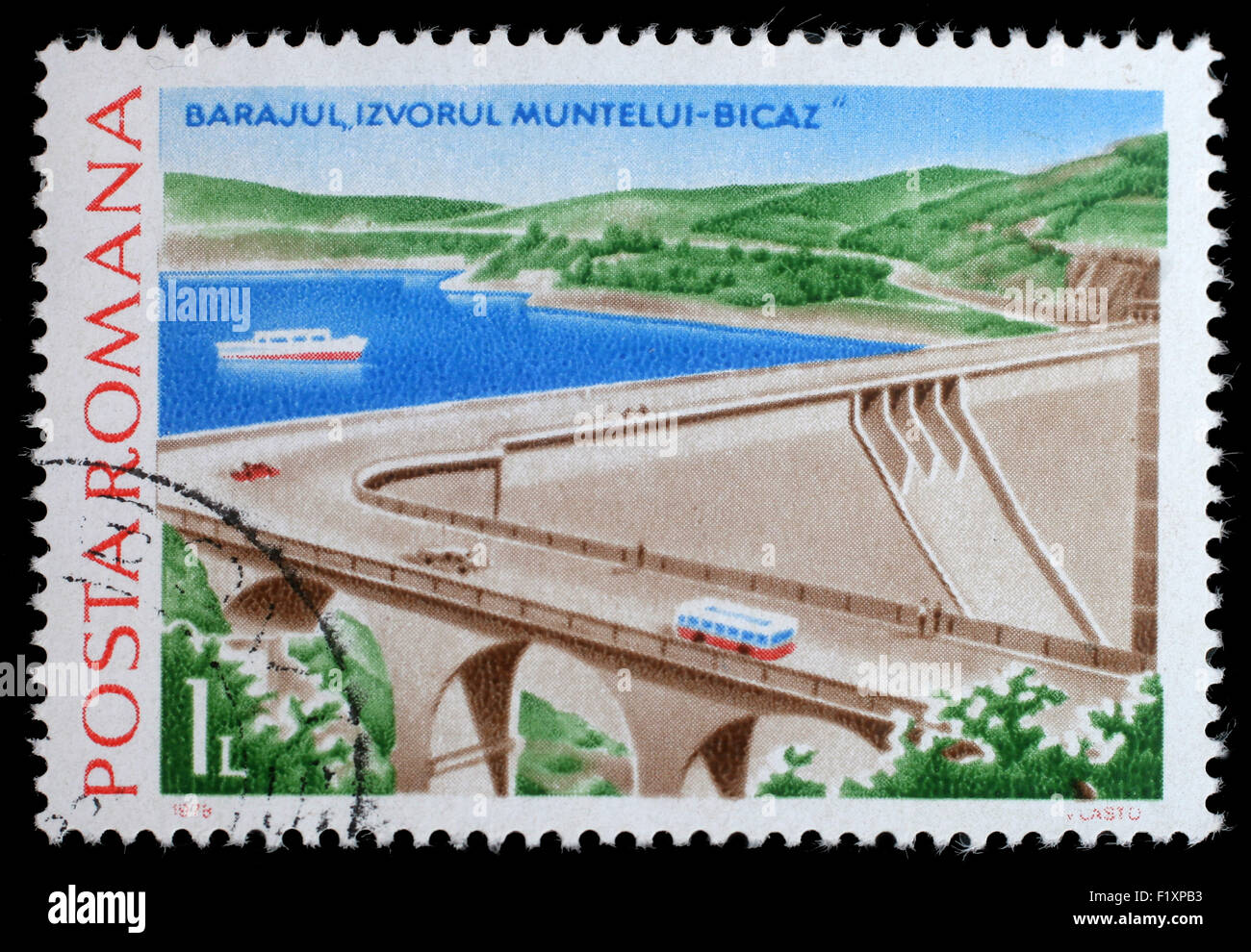 Briefmarke gedruckt in Rumänien zeigt Izvorul Muntelui-Bicaz, Wasserbauarbeiten Stationen und Dämme Ausgabe, ca. 1978. Stockfoto